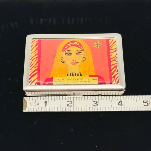 Vtg Bad Girl Couture Silver Metal Business Credit Card Case Woman "Take Charge" - Picture 6 of 8